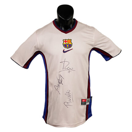 Rivaldo Vítor, Luís Figo & Sonny Anderson Signed 1997-1998 Barcelona Away Shirt (Front Signed)