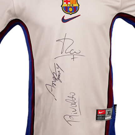 Rivaldo Vítor, Luís Figo & Sonny Anderson Signed 1997-1998 Barcelona Away Shirt (Front Signed)