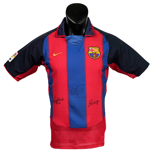 Andrés Iniesta, Ronaldinho Gaúcho & Luis Enrique Signed 2003-2004 Barcelona Home Shirt (Front Signed)