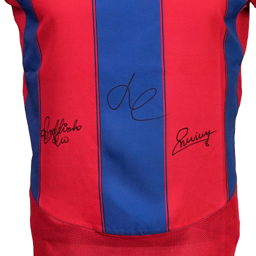 Andrés Iniesta, Ronaldinho Gaúcho & Luis Enrique Signed 2003-2004 Barcelona Home Shirt (Front Signed)