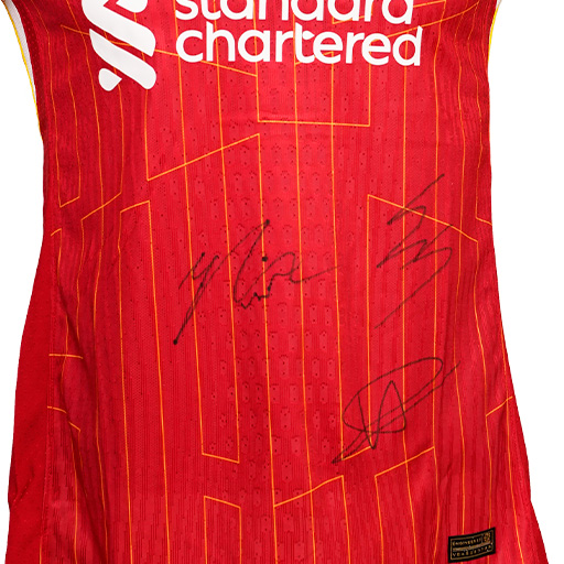 Mohamed Salah, Dominik Szoboszlai & Virgil van Dijk Signed 2024-2025 Liverpool Home Shirt (Front Signed)