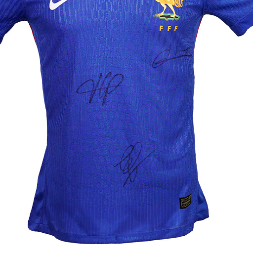 Antoine Griezmann, Aurélien Tchouaméni & Kylian Mbappé Signed 2024 France Home Shirt (Front Signed)