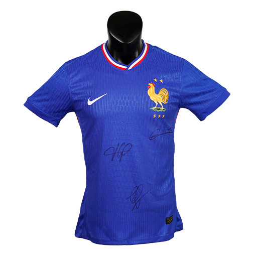 Antoine Griezmann, Aurélien Tchouaméni & Kylian Mbappé Signed 2024 France Home Shirt (Front Signed)