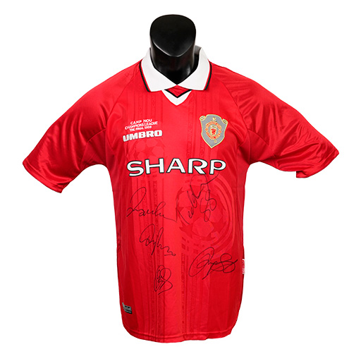 David Beckham, Ryan Giggs, Gary Neville, Teddy Sheringham & Ole Gunnar Solskjær Signed 1998-1999 Manchester United Home Shirt (Front Signed)