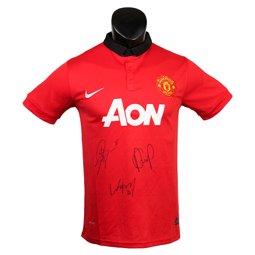 Robin van Persie, Juan Mata & Wayne Rooney Signed 2013-2014 Manchester United Home Shirt (Front Signed)